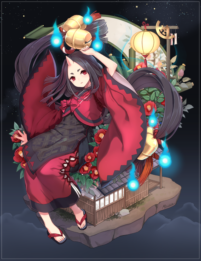 1girl, architecture, artist_name, bell, bow, brown_hair, east_asian_architecture, female_focus, fire, flower, grass, horns, japanese_clothes, lamp, leaf, long_hair, millgua, night, onmyoji, red_eyes, sandals, single_horn, sky, solo, star_(sky), zashiki-warashi_(onmyoji)