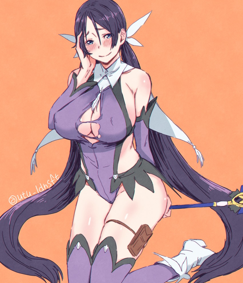 1girl, bare_shoulders, blue_eyes, boots, breasts, commentary_request, cosplay, detached_sleeves