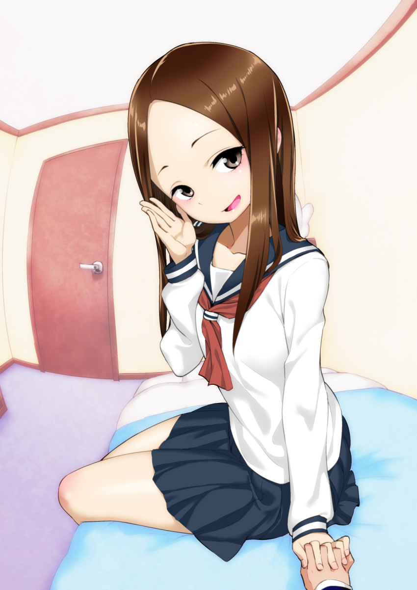 10s, 1girl, bad_id, bad_pixiv_id, bed, black_eyes, black_skirt, blush, brown_hair, child, door, fisheye, highres, holding_hands, indoors, karakai_jouzu_no_takagi-san, long_hair, long_sleeves, looking_at_viewer, miniskirt, neckerchief, open_mouth, pleated_skirt, pov, school_uniform, serafuku, sitting, skirt, smile, takagi-san, todoroki_(xttn9dul)