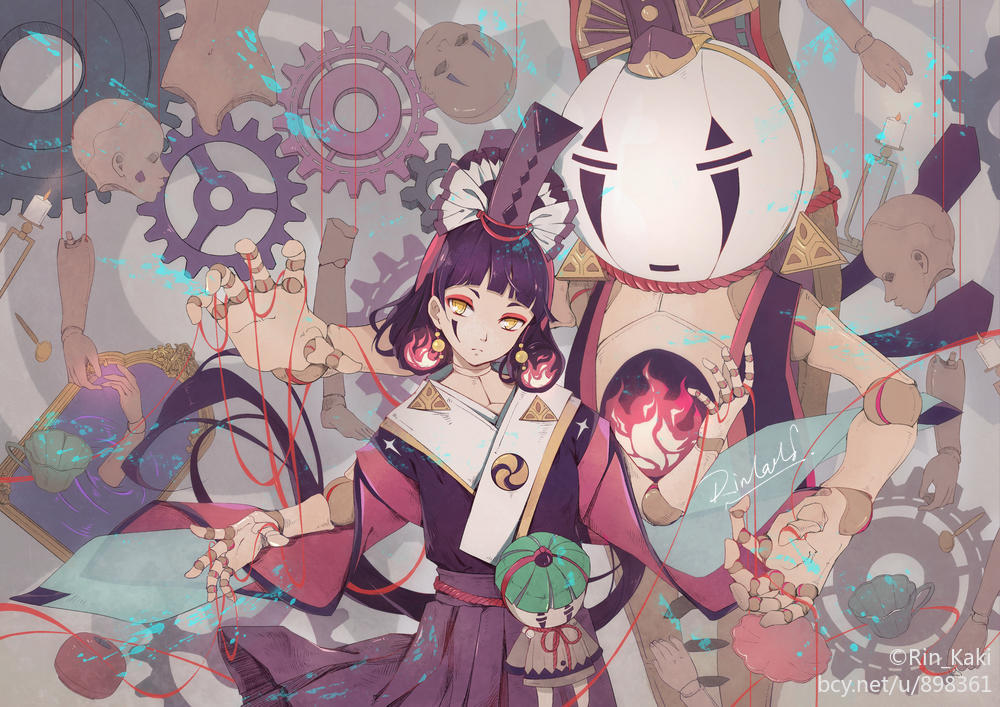 1girl, artist_name, black_hair, black_hat, doll_joints, facial_mark, female_focus, fire, gears, hair_ornament, hat, joints, kairaishi_(onmyoji), long_hair, low_ponytail, makeup, onmyoji, ponytail, puppet, puppet_strings, rin_kaki, solo, upper_body, yellow_eyes
