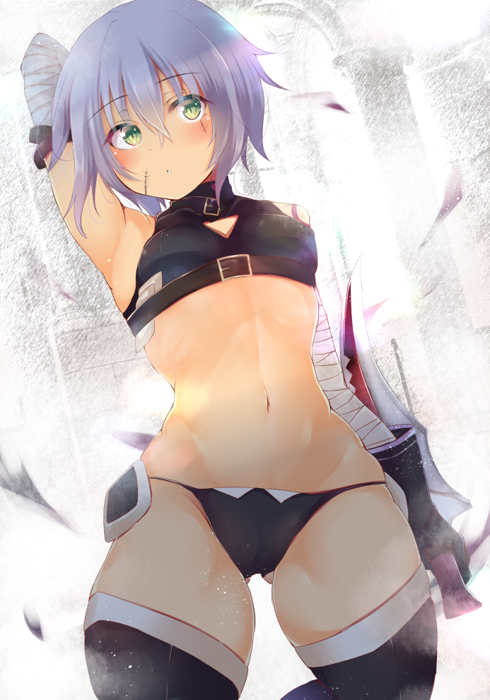 1girl, arm_behind_head, arm_belt, arm_up, armpits, ashino, bandaged_arm, bandages