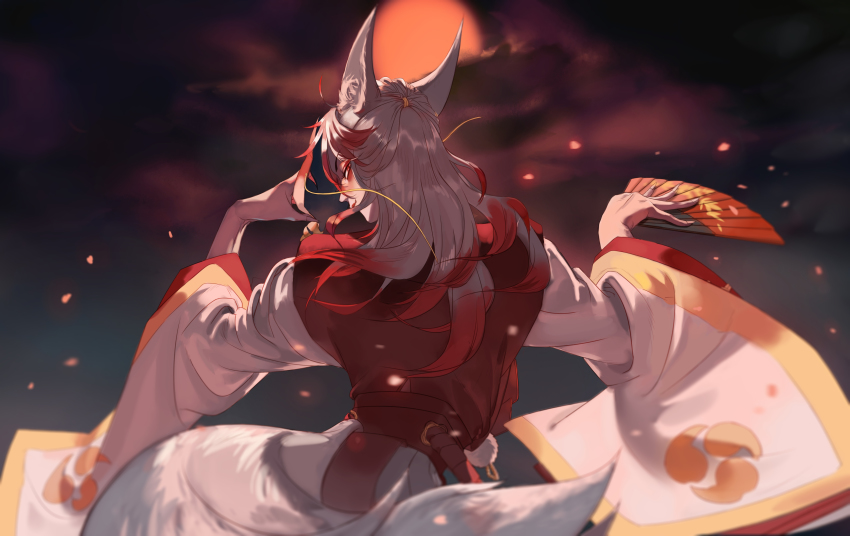 1boy, absurdres, an_de-and, animal_ears, back, cloud, facial_mark, hand_fan, fox_ears, fur_trim, highres, japanese_clothes, kitsune, long_hair, male_focus, moon, multicolored_hair, onmyoji, red_eyes, red_hair, sky, solo, two-tone_hair, upper_body, white_hair, yellow_eyes, youko_(onmyoji)