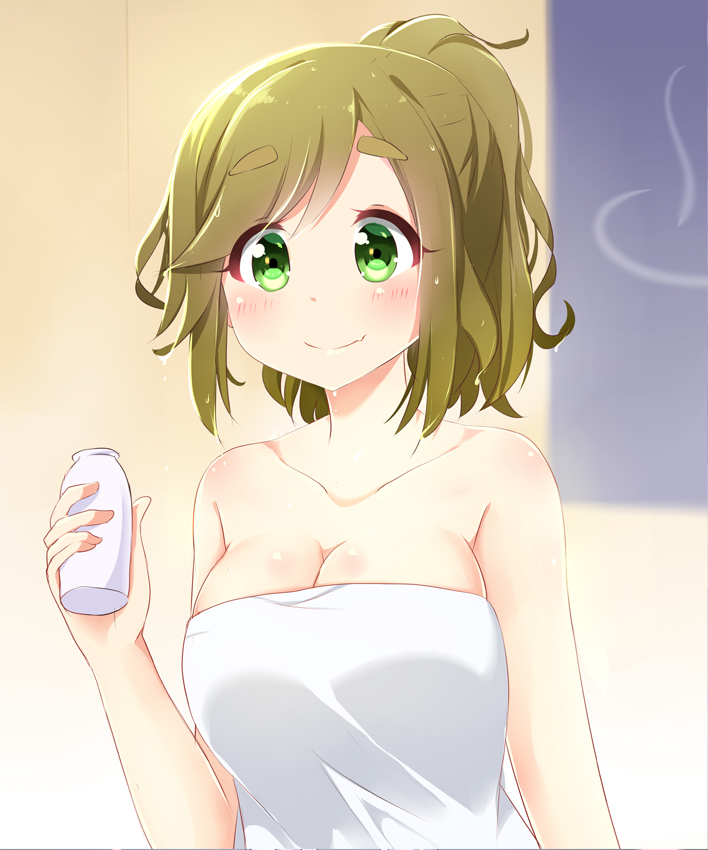 1girl, blurry, blurry_background, blush, bottle, breasts, brown_hair, cleavage
