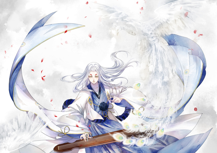 1boy, bingxiaojian, bird, feathered_wings, feathers, fur_trim, highres, horns