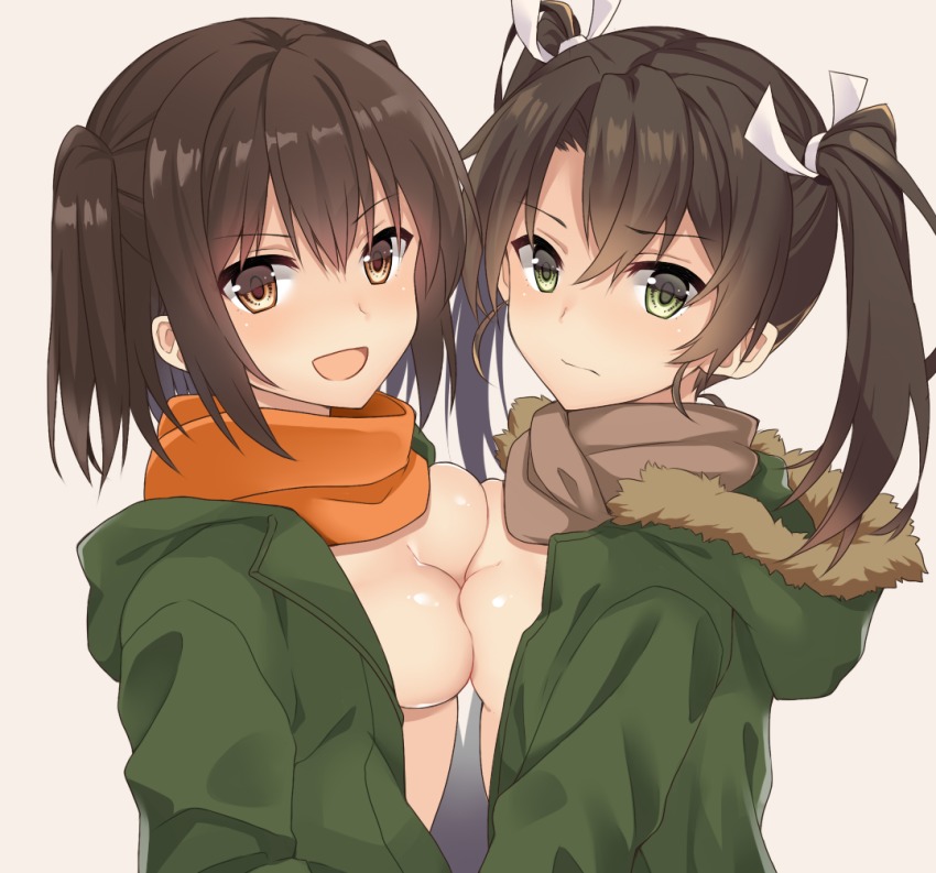 2girls, :d, alternate_costume, black_hair, breast_press, breasts, brown_eyes, brown_hair, cleavage, commentary_request, green_eyes, hair_between_eyes, kantai_collection, long_hair, long_sleeves, multiple_girls, no_bra, open_mouth, orange_scarf, purple_background, scarf, sendai_(autumn)_(kancolle), sendai_(kancolle), short_hair, simple_background, small_breasts, smile, symmetrical_docking, twintails, two_side_up, yuzuttan, zuikaku_(kancolle), zuikaku_(valentine)_(kancolle)