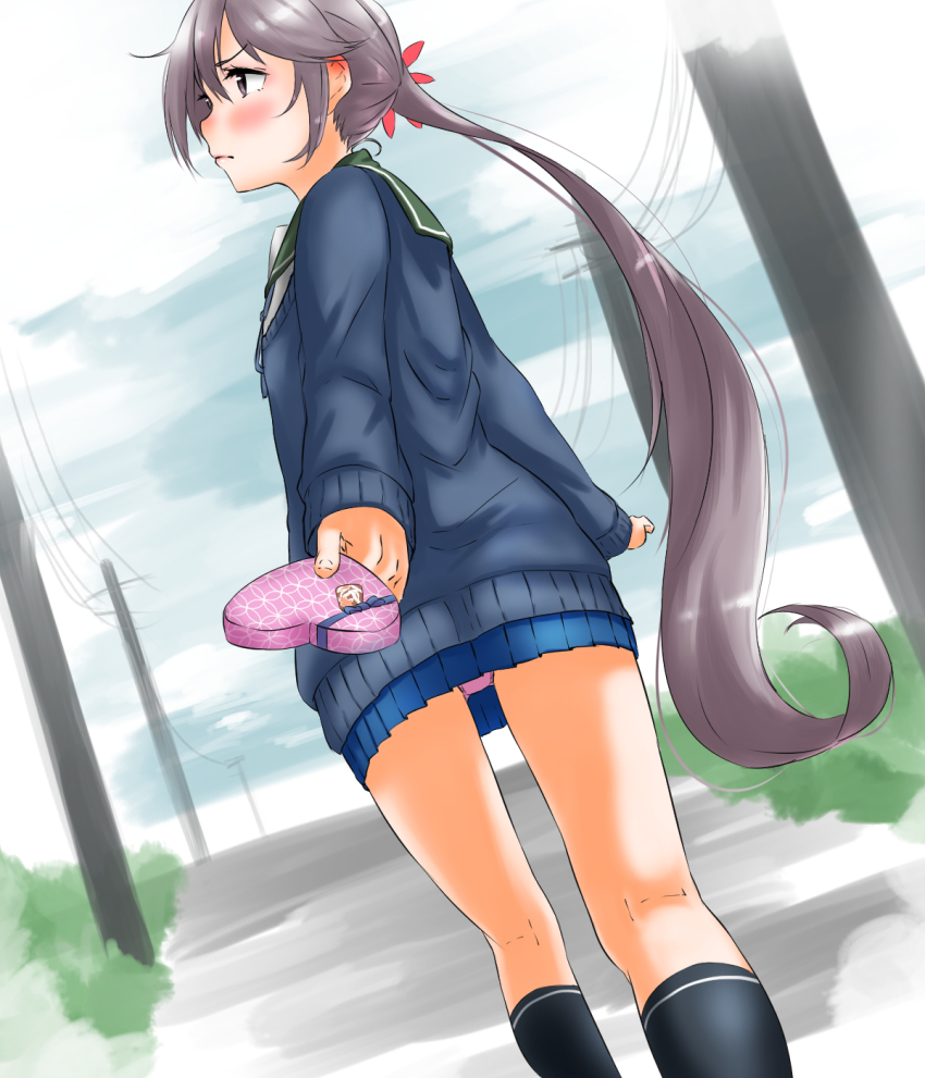 1girl, akebono_(kancolle), akebono_(valentine)_(kancolle), averting_eyes, blue_skirt, blue_sweater, blush, bush