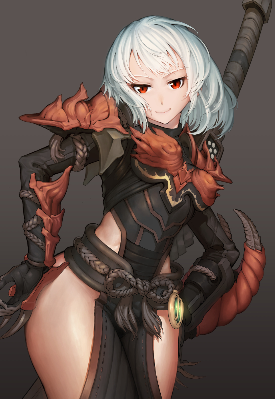 1girl, armor, female_focus, flat_chest, gloves, gradient_background, hands_on_own_hips, highres, loincloth, lolihorn, looking_at_viewer, monster_hunter:_world, monster_hunter_(series), odogaron_(armor), red_eyes, short_hair, simple_background, smile, solo, standing, sword, thick_thighs, thighs, weapon, white_hair, wide_hips