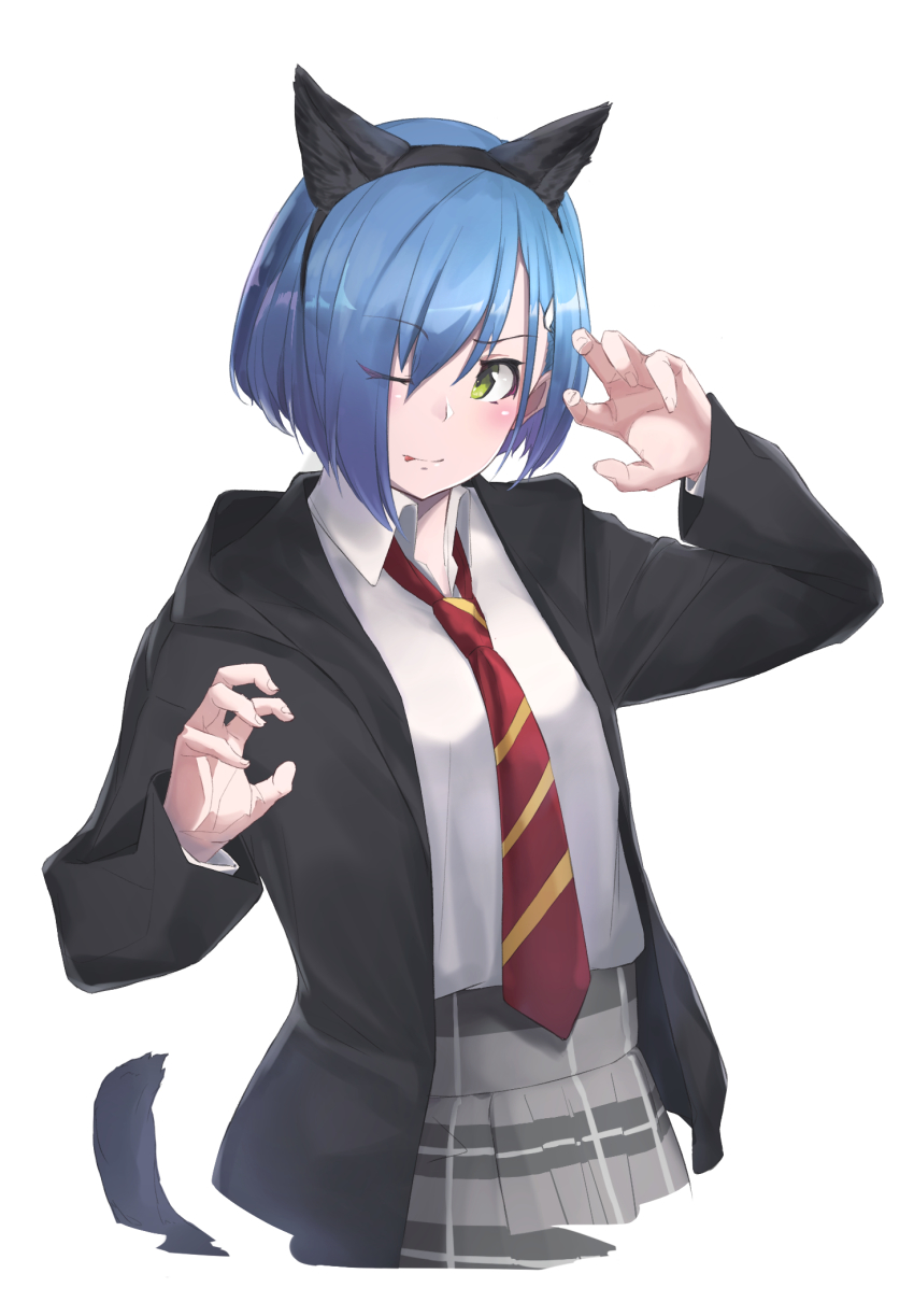 10s, 1girl, ;p, animal_ears, blue_hair, cat_ears, cat_tail, coat
