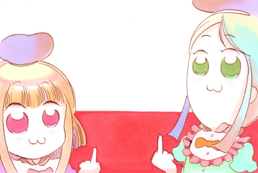 10s, 2girls, :3, bkub_(style), bow, brown_hair, capelet, commentary_request