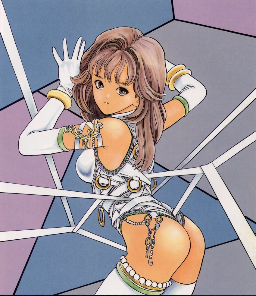 1girl, ass, brown_eyes, brown_hair, cowboy_shot, dna^2, elbow_gloves, female_focus, gloves, highres, katsura_masakazu, long_hair, looking_at_viewer, parted_lips, saeki_tomoko, solo, thighhighs