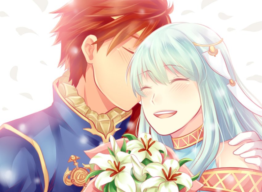 1girl, bare_shoulders, blue_hair, cape, closed_eyes, dress, eliwood_(fire_emblem), eliwood_(valentine)_(fire_emblem)
