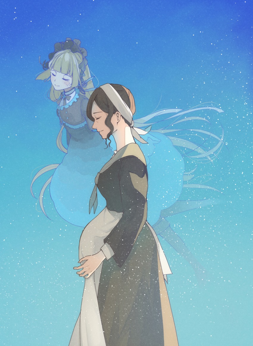 2girls, apron, blonde_hair, blue_eyes, brown_hair, cape, closed_eyes, dress