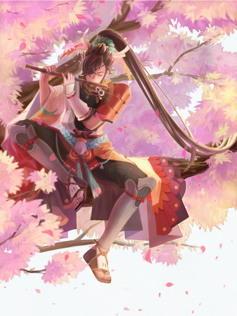 1boy, black_hair, cherry_blossoms, eyepatch, closed_eyes, flower, flute, instrument