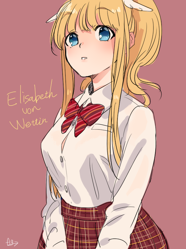1girl, blonde_hair, blue_eyes, bow, bowtie, character_name, dress, elisabeth_von_wettin
