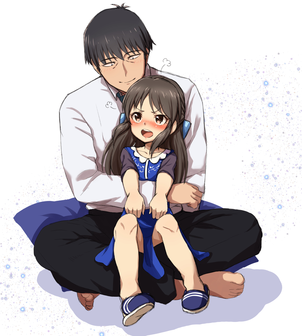 1boy, 1girl, bare_legs, barefoot, between_legs, black_hair, black_pants, blue_dress