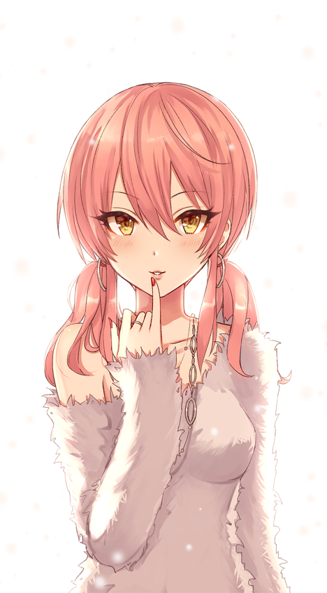 1girl, blush, breasts, collarbone, earrings, eyelashes, female_focus, finger_to_mouth
