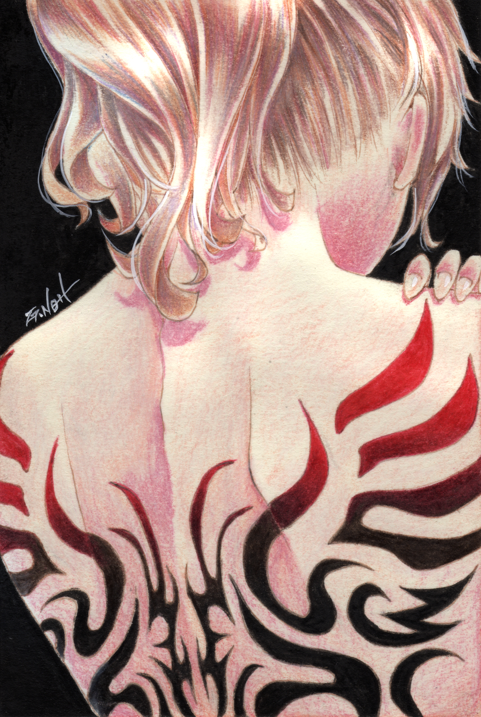 1girl, aquila_(kancolle), black_background, female_focus, fingernails, from_behind, hand_on_own_shoulder, high_ponytail