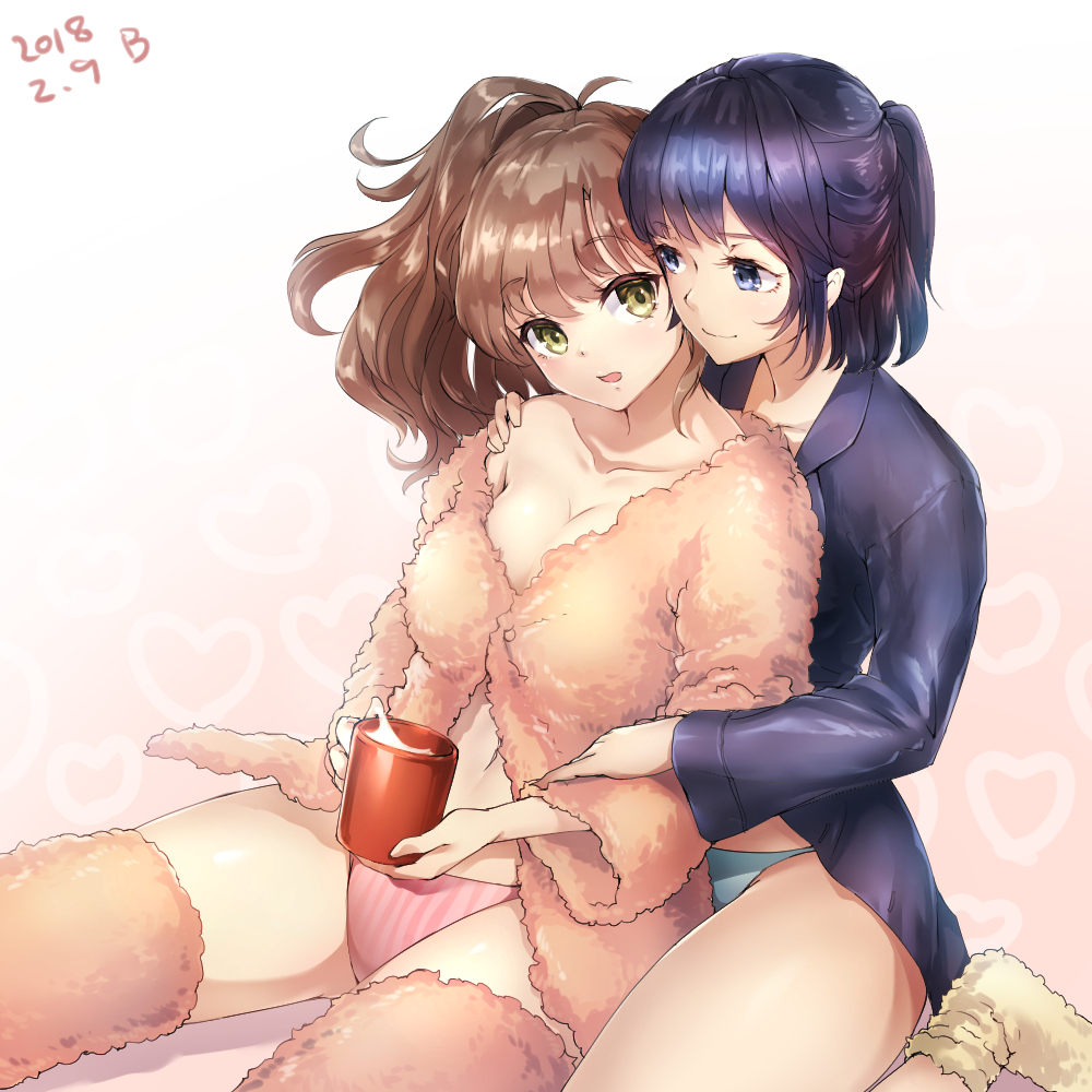 2girls, behind_another, blue_hair, blue_panties, bootie, breasts, brown_hair, cheek-to-cheek, cleavage, collarbone, cup, dated, gradient_background, hand_on_another's_arm, hand_on_another's_shoulder, heads_together, leg_warmers, looking_at_another, looking_back, medium_breasts, multiple_girls, naga_(getoverawall), off_shoulder, open_mouth, original, outstretched_leg, pajamas, panties, pink_panties, ponytail, robe, short_hair, short_ponytail, side_ponytail, sitting, smile, striped_clothes, striped_panties, underwear, wariza, yellow_eyes, yuri