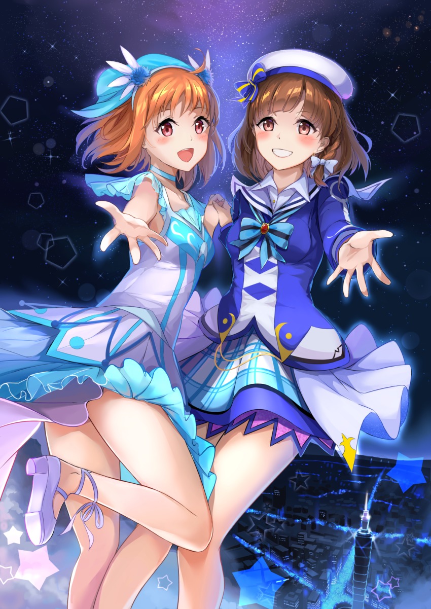 2girls, :d, ahoge, ankle_strap, bad_id, bad_pixiv_id, beret, blue_choker