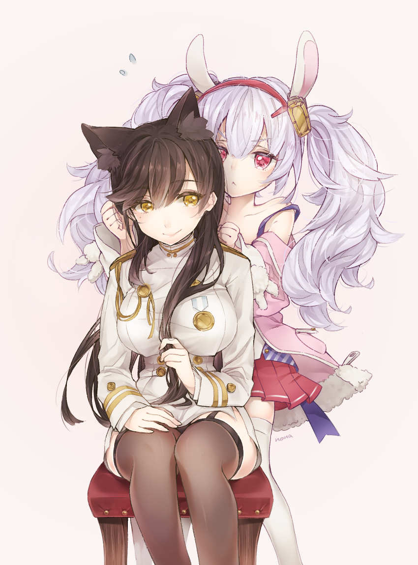 2girls, :<, animal_ears, atago_(azur_lane), azur_lane, bad_id, bad_pixiv_id, black_hair