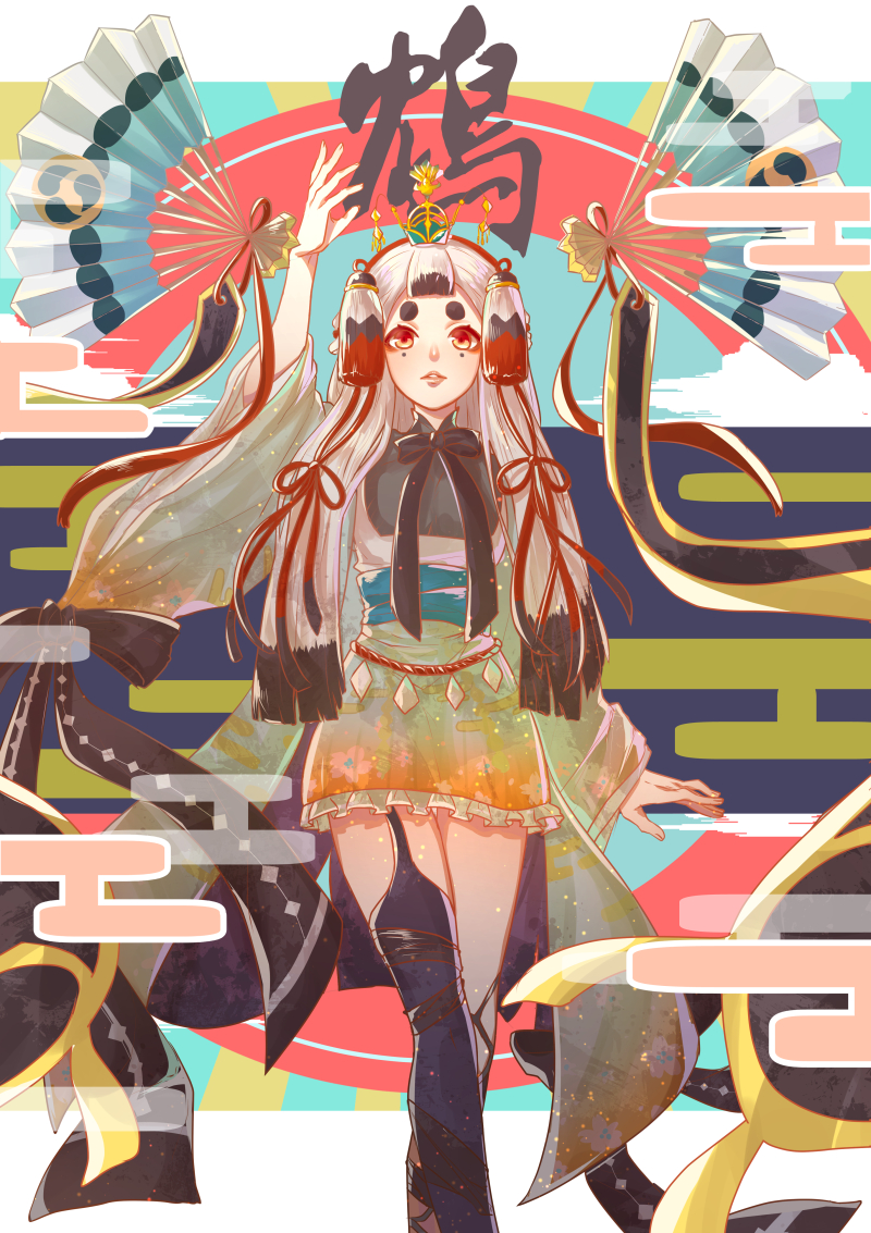 1girl, bow, bowtie, chin_(onmyoji), crown, female_focus, hair_ornament, hand_fan