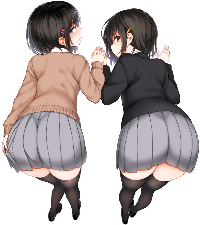 2girls, absurdres, ass, black_footwear, black_hair, black_jacket, black_legwear, blue_eyes, blush, brown_sweater, closed_mouth, commentary_request, copyright_request, from_behind, full_body, grey_skirt, hair_ornament, hairclip, hand_on_own_ass, highres, holding_hands, hoshizuki_kaede, hoshizuki_suzu, jacket, kaede_to_suzu, kyokucho, leaning_forward, long_sleeves, looking_at_viewer, looking_back, love_me, mole, mole_on_neck, multiple_girls, orange_eyes, pleated_skirt, school_uniform, shoes, short_hair, siblings, simple_background, sisters, skirt, standing, sweater, thighhighs, white_background
