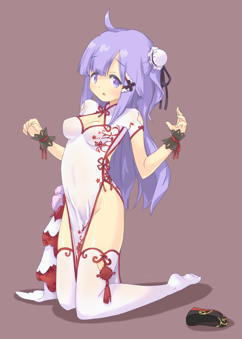 1girl, :o, ahoge, azur_lane, bad_id, bad_pixiv_id, black_shoes, blush, breasts, brown_background, bun_cover, china_dress, chinese_clothes, dress, female_focus, groin, hair_bun, henshitai_(user_cuvp2733), highres, kneeling, long_hair, medium_breasts, no_panties, parted_lips, pelvic_curtain, purple_eyes, purple_hair, shoes, short_sleeves, side_bun, sidelocks, simple_background, single_hair_bun, single_side_bun, solo, thighhighs, unicorn_(azur_lane), unicorn_(the_gift_of_spring)_(azur_lane), unworn_shoes, very_long_hair, white_dress, white_thighhighs, wrist_cuffs