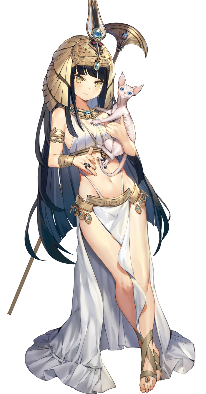 1girl, animal, armlet, barefoot, black_hair, blouse, blue_eyes, blue_theme