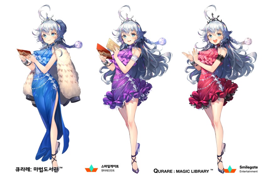 1girl, :d, ahoge, armband, bare_shoulders, black_footwear, blue_dress, blue_eyes