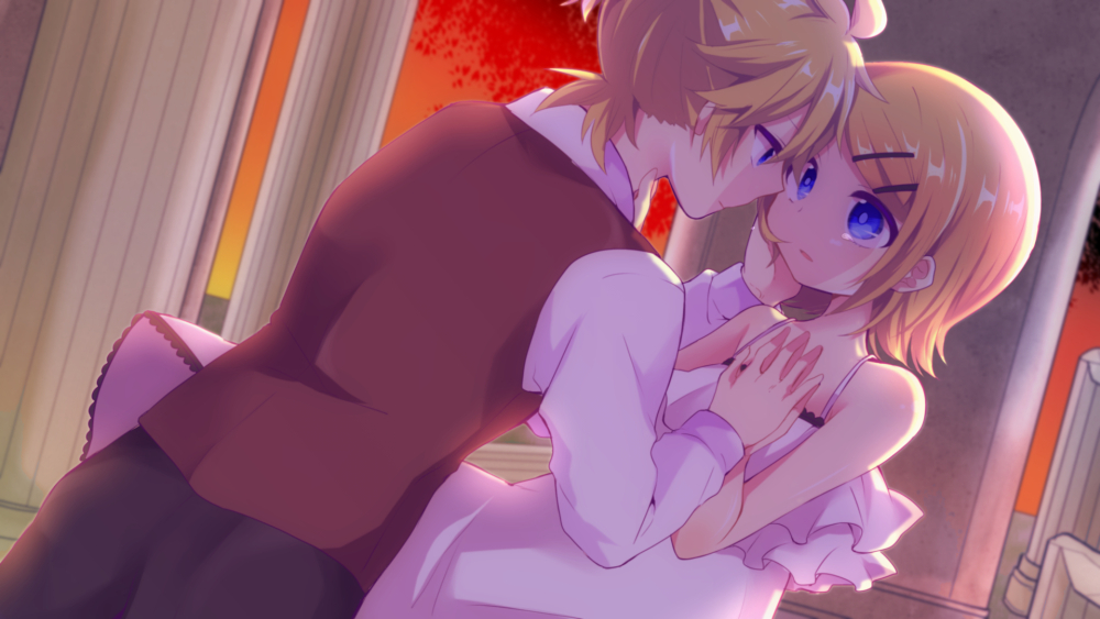 1boy, 1girl, adolescence_(vocaloid), aoi_choko_(aoichoco), bare_shoulders, blonde_hair, blue_eyes, brother_and_sister