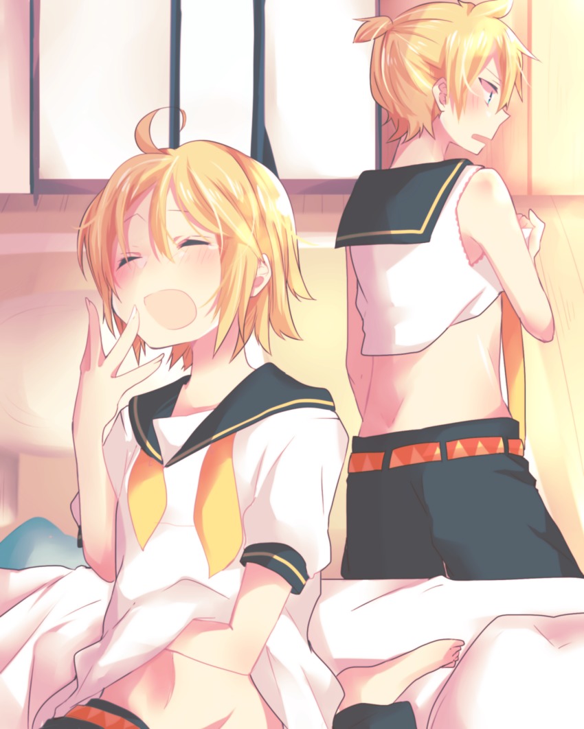 1boy, 1girl, ahoge, aoi_choko_(aoichoco), bed, bed_sheet, belt, blonde_hair