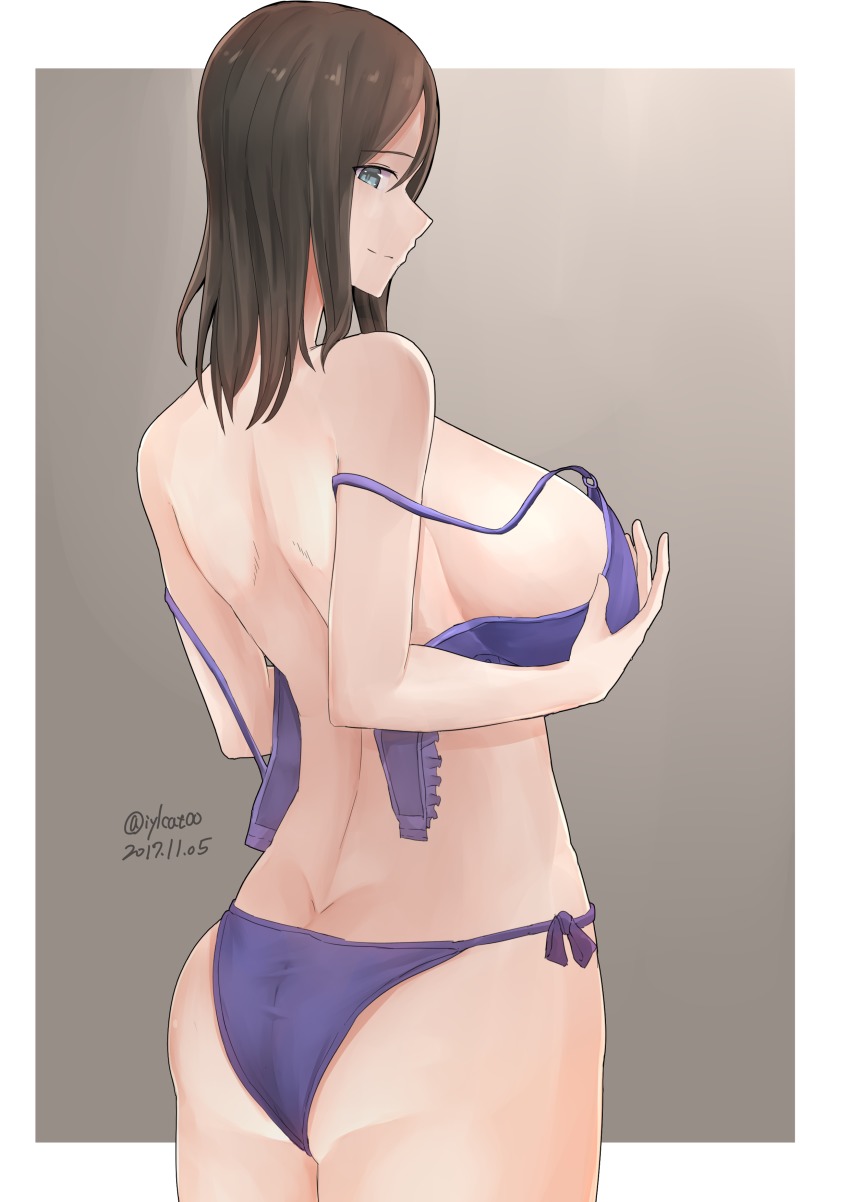 10s, 1girl, absurdres, ass, back, black_hair, blue_eyes, bra