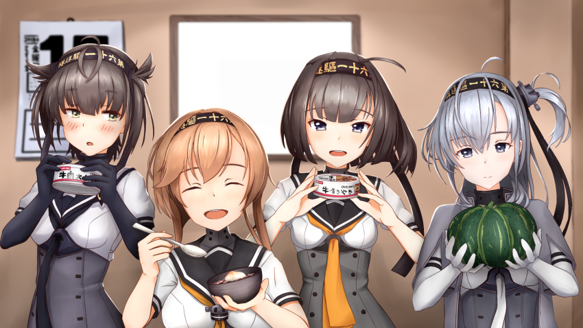 ahoge, akizuki_(kancolle), black_bodysuit, black_gloves, black_hair, black_neckerchief, blue_eyes, blush