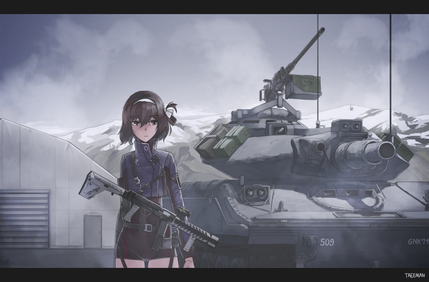 1girl, arms_at_sides, assault_gun, brown_eyes, brown_hair, browning_m2, door, female_focus, girls'_frontline, gun, gun_sling, heavy_machine_gun, jerry_can, letterboxed, m551_sheridan, machine_gun, military, military_vehicle, motor_vehicle, mountainous_horizon, scenery, solo, tagme, tank, treeman, type_79_(girls'_frontline), weapon