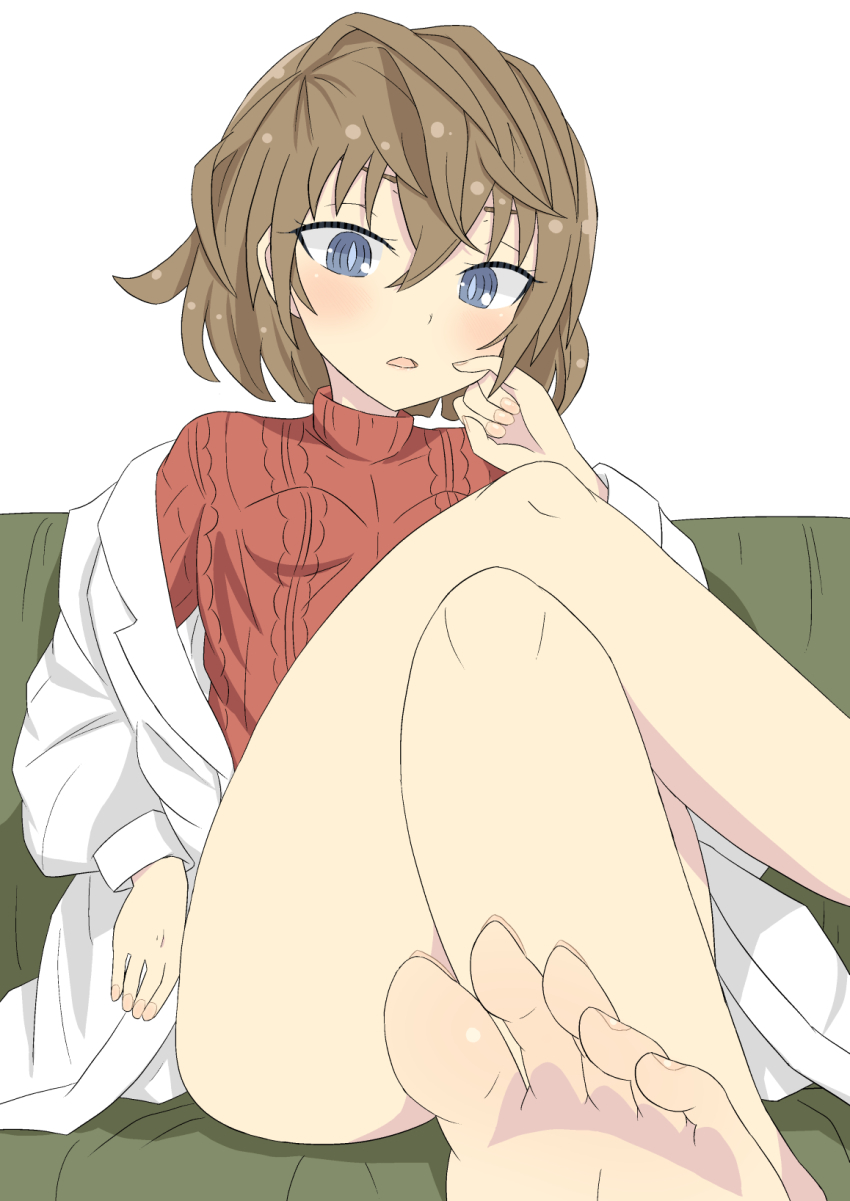1girl, barefoot, blue_eyes, blush, brown_hair, couch, feet, foot_focus