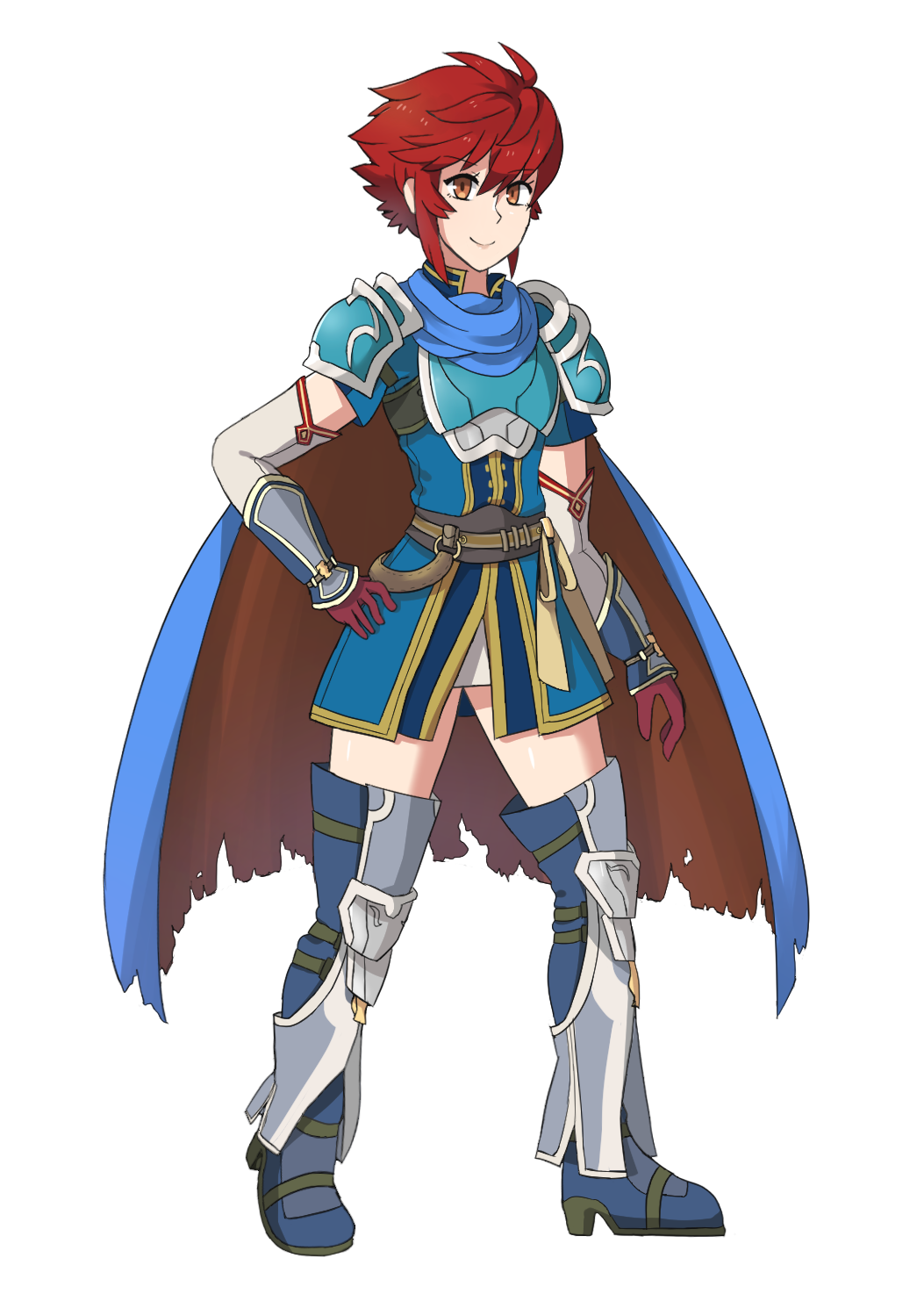 1girl, armor, blue_eyes, blue_hair, cape, cosplay, female_focus, fire_emblem, fire_emblem:_the_binding_blade, fire_emblem_fates, fire_emblem_heroes, full_body, gloves, highres, hinoka_(fire_emblem), looking_at_viewer, nintendo, red_eyes, red_hair, roy_(fire_emblem), roy_(fire_emblem)_(cosplay), sarukaiwolf, short_hair, simple_background, smile, solo, white_background