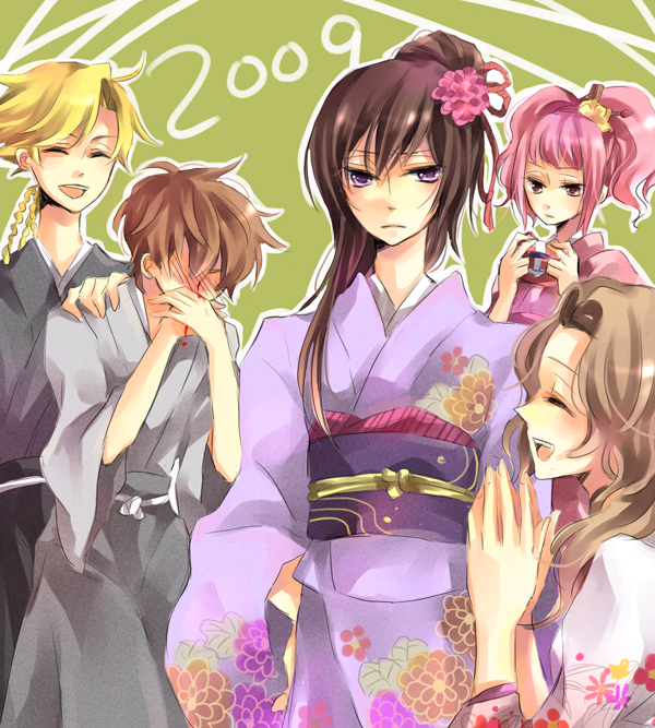 00s, 2009, 2boys, 3girls, anya_alstreim, bad_id, bad_pixiv_id, blood, code_geass, crossdressing, gender_request, genderswap, gino_weinberg, karu, kururugi_suzaku, luluko, multiple_boys, multiple_girls, nosebleed, nunnally_vi_britannia, yuzuki_karu