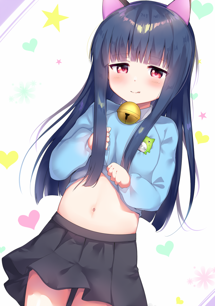 1girl, animal_ears, badge, bell, black_hair, black_skirt, blue_sweater, blush