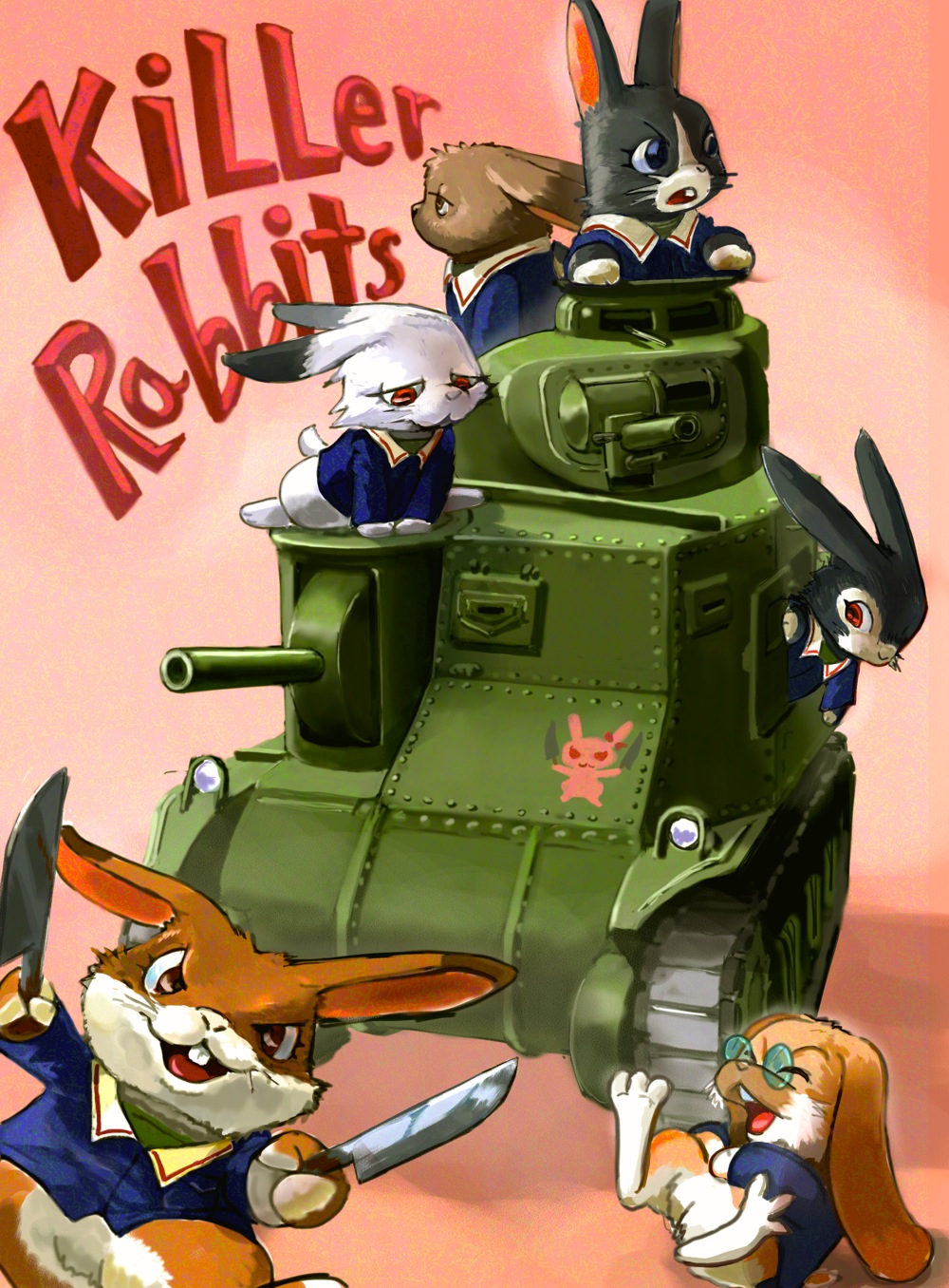 10s, animalization, arm_support, blue_eyes, blue_jacket, brown_eyes, cat_shit_one, commentary_request, dual_wielding, emblem, english_text, girls_und_panzer, green_shirt, highres, holding, jacket, knife, laughing, leaning_forward, leaning_to_the_side, long_sleeves, looking_at_viewer, lying, m3_lee/grant, maruyama_saki, military, military_uniform, military_vehicle, monty_python, motor_vehicle, on_back, ooarai_military_uniform, oono_aya, open_mouth, peeking_out, pink_background, rabbit, red_eyes, round_teeth, sakaguchi_karina, sawa_azusa, shirt, sitting, smile, standing, tank, teeth, tnt_(tnt8823), utsugi_yuuki, yamagou_ayumi