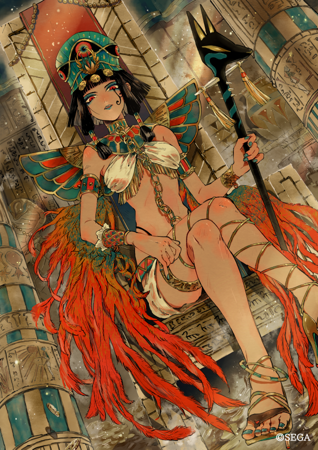 1girl, ancient_egyptian_clothes, anklet, aqua_nails, armlet, asymmetrical_footwear, bare_arms, bare_shoulders