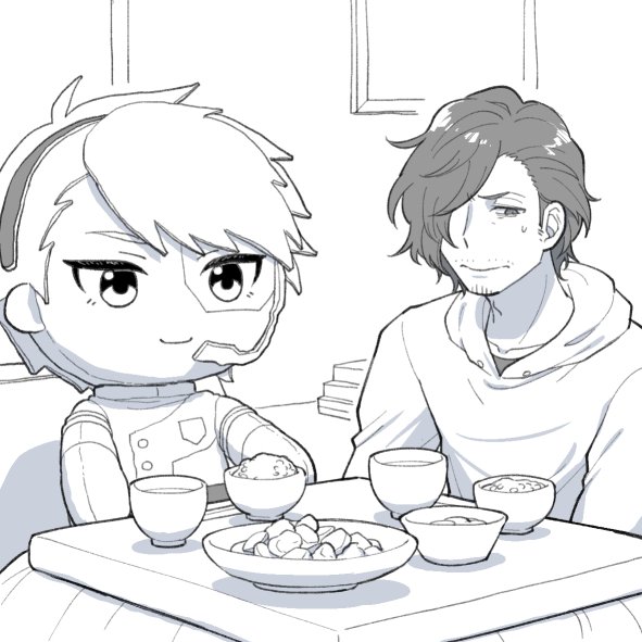 10s, 1boy, bowl, casual, character_doll, doll, facial_hair, greyscale