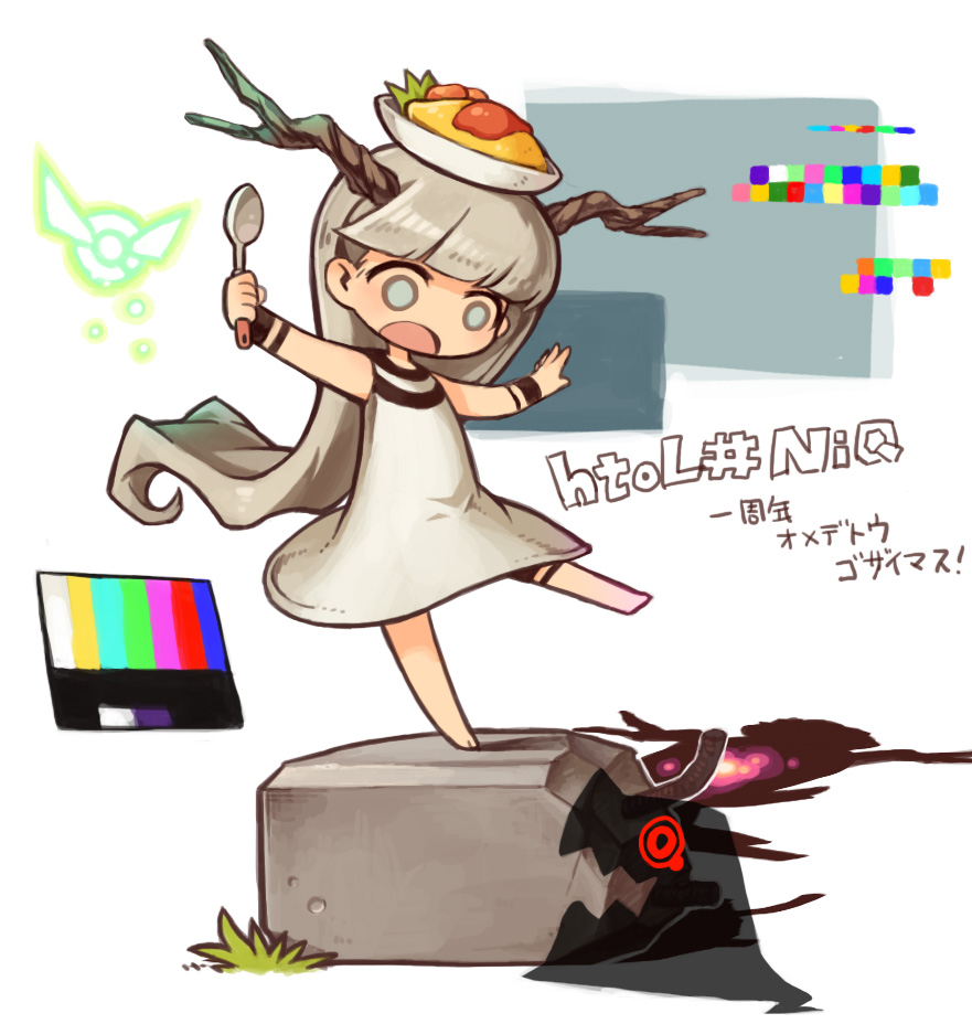 1girl, barefoot, chibi, color_guide, commentary_request, dress, food, grey_hair