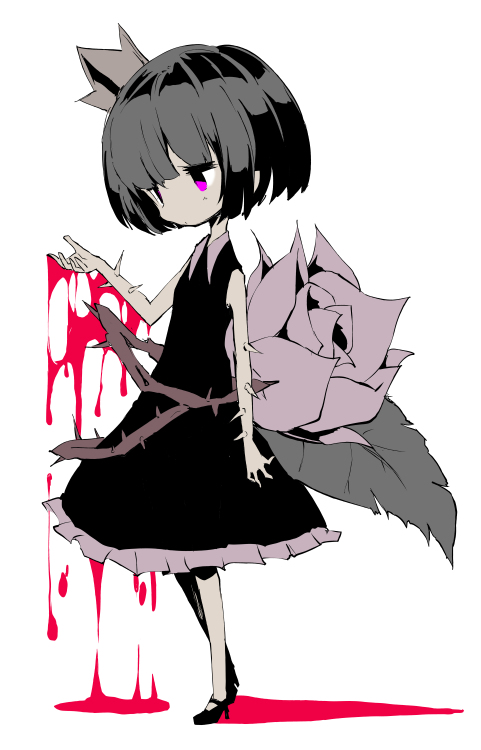 1girl, blood, crown, female_focus, flower, full_body, high_heels, kuroneko_no_toorimichi