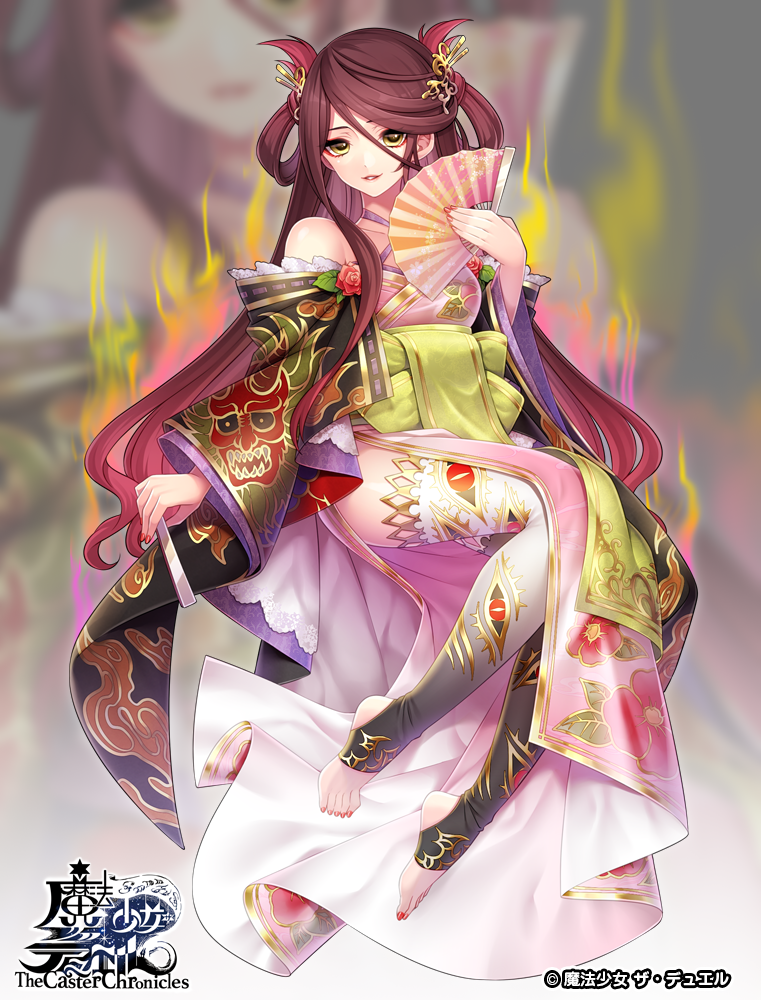 1girl, bare_shoulders, barefoot, brown_eyes, brown_hair, copyright_name, eye_print, feet