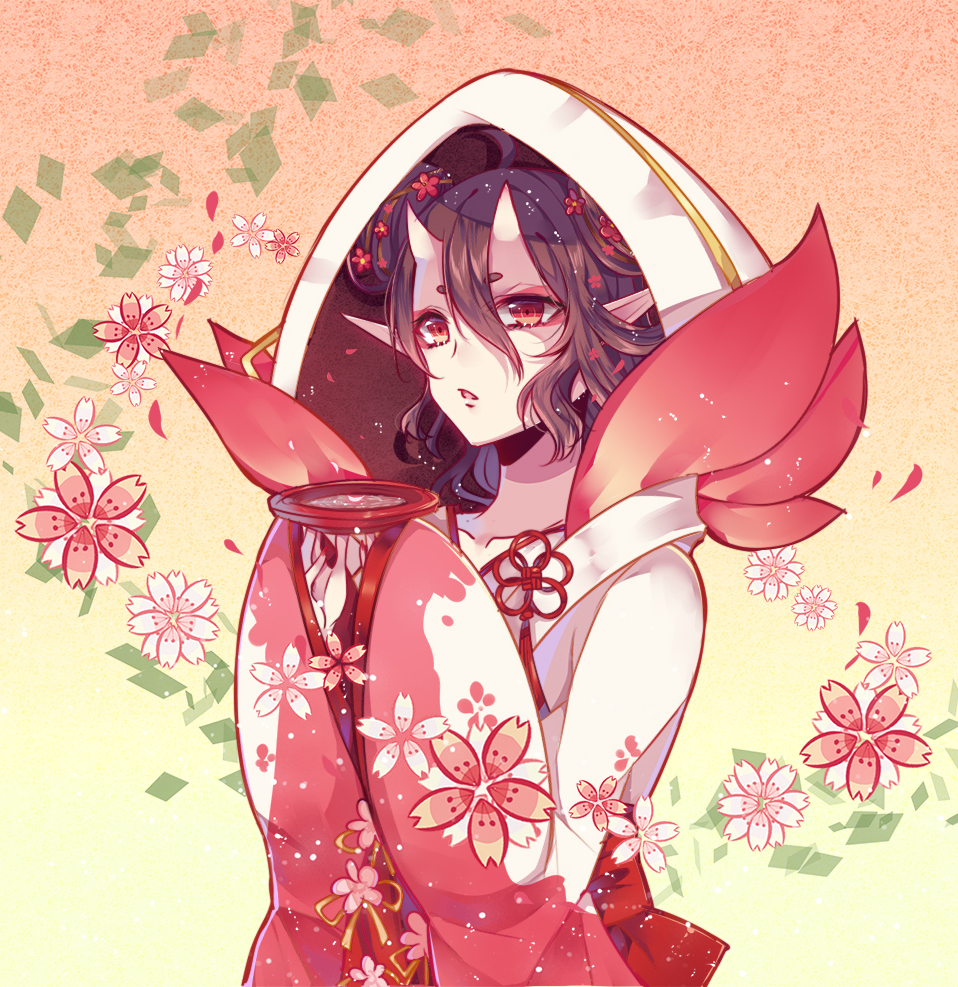 1girl, demon_girl, female_focus, flower, hair_between_eyes, hair_flower, hair_ornament, hood