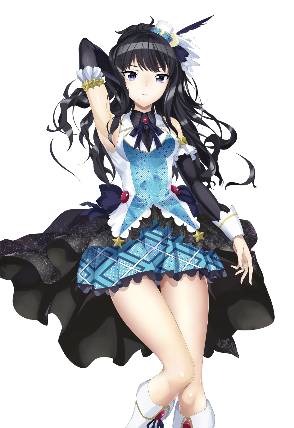 1girl, arm_up, arm_warmers, bad_id, bad_pixiv_id, black_eyes, black_hair, blush