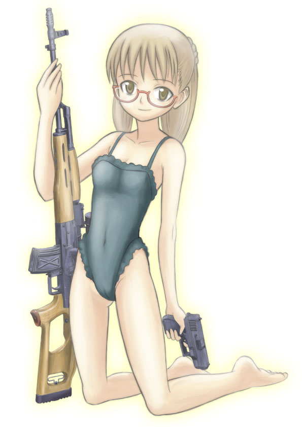 1girl, barefoot, brown_eyes, brown_hair, female_focus, glasses, glock, gun