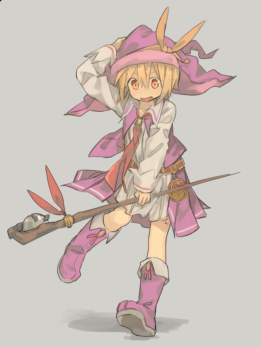 1girl, absurdres, arm_up, bell, belt, blonde_hair, blush, boots