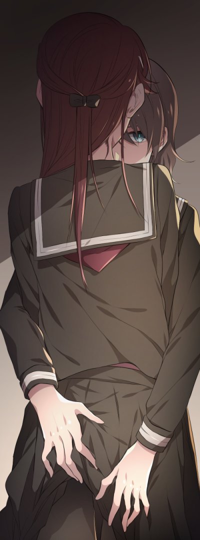 2girls, aqua_eyes, ass_grab, black_bow, black_legwear, black_serafuku, black_skirt, bow, brown_hair, from_behind, hair_between_eyes, hair_bow, long_hair, love_live!, love_live!_sunshine!!, multiple_girls, pantyhose, pclbang, pleated_skirt, ponytail, sakurauchi_riko, school_uniform, serafuku, skirt, watanabe_you, yuri