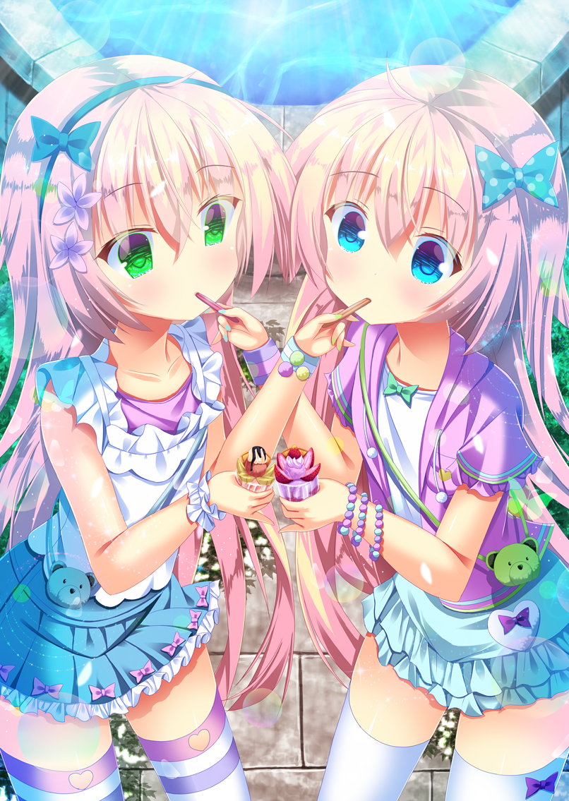 2girls, ahoge, banana, blue_eyes, blue_skirt, bow, bracelet, day